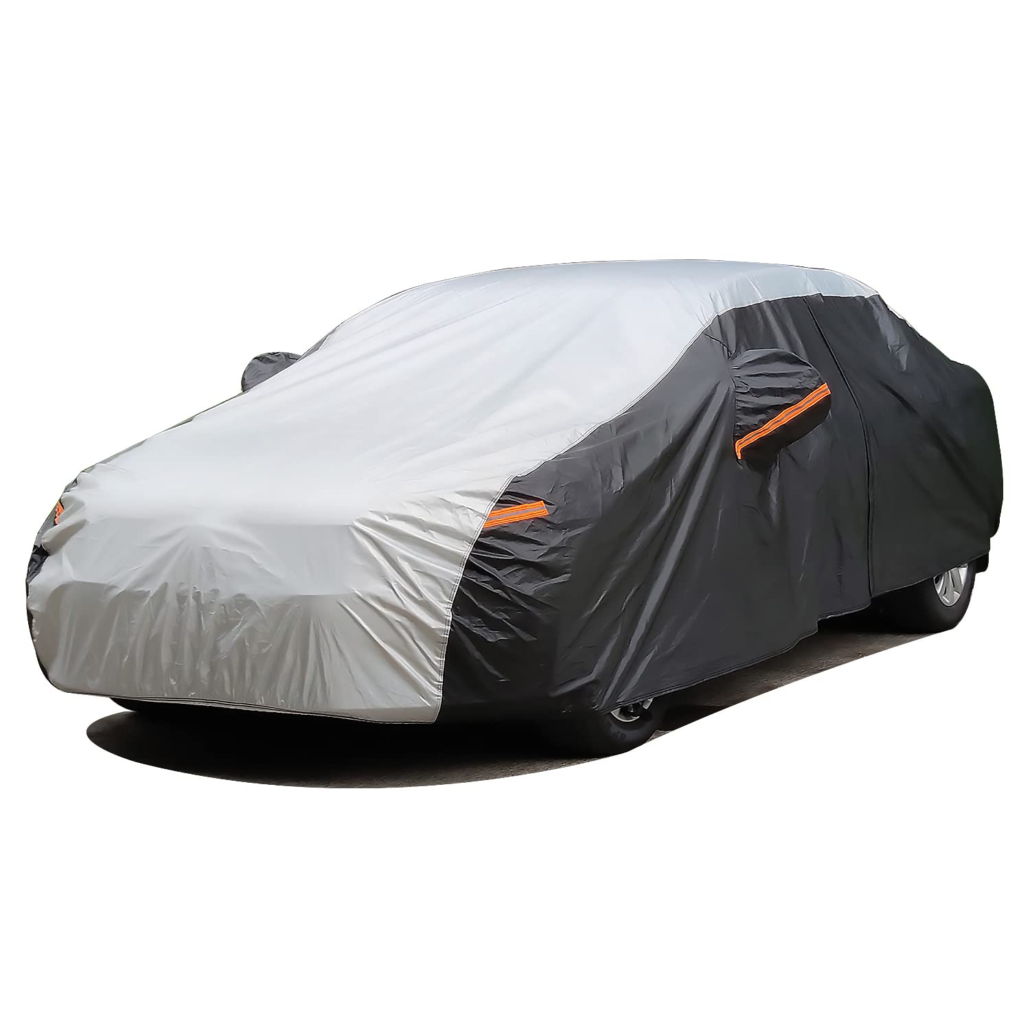 Photo 1 of XicBoom Car Cover Waterproof All Weather 6 Layers, Outdoor Car Covers for Automobiles with Zipper Door, Hail UV Snow Wind Protection, Car Cover Fit Sedan-Length (up to 180") 3L Fit Sedan-Length ( up to 180") Silver+Black