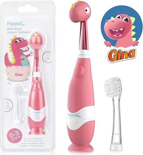 Papablic Cepillo de dientes eléctrico para bebé cepillo de dientes para niños de 1 a 3 años con bonita cubierta de dinosaurio y temporizador LED