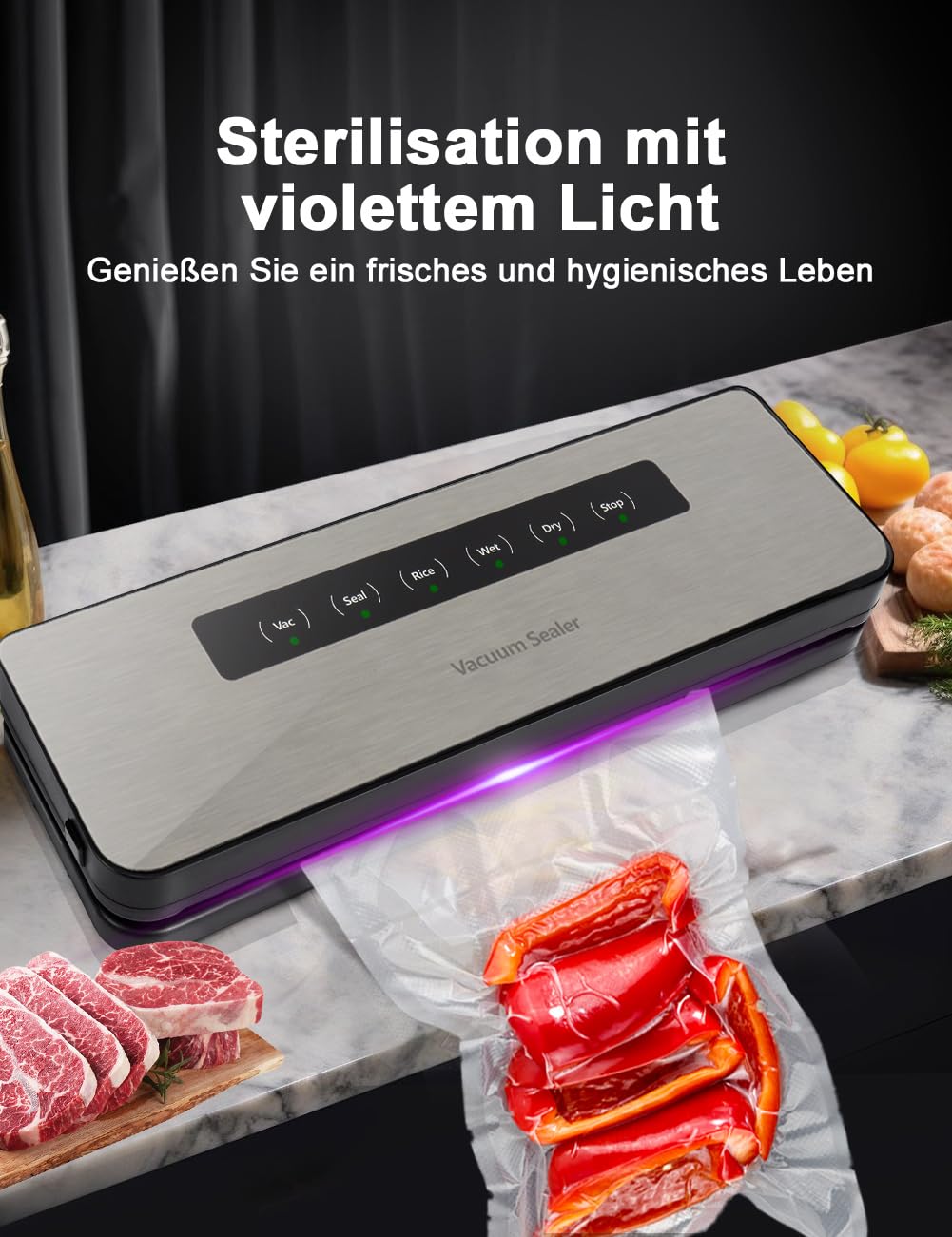 BYZESTY 5-in-1 vacuümmachine, automatisch, voor droge en vochtige levensmiddelen, tot 8 keer langer met 30 vacuümzakken