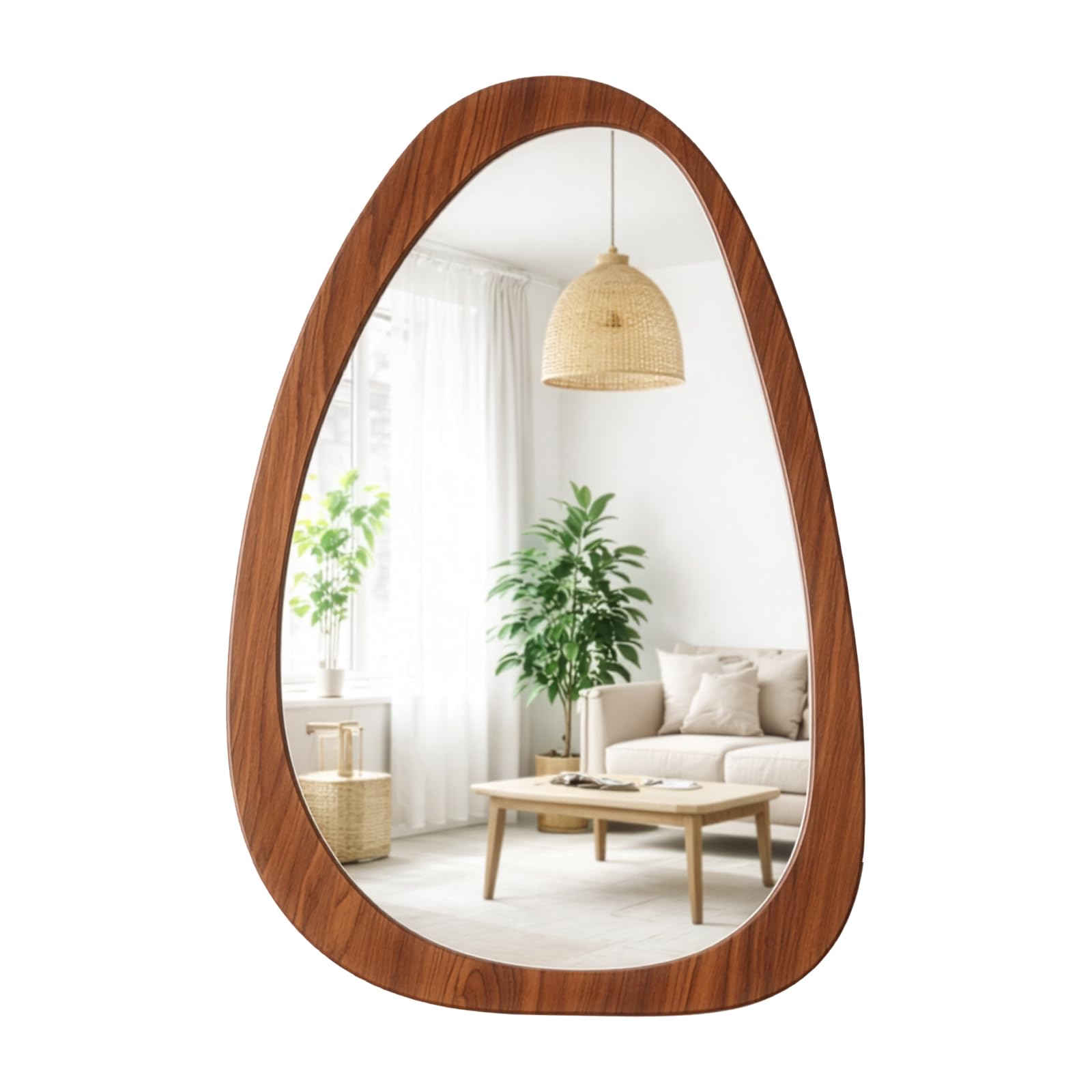 SUNNYNEST Irregular Wall Mirror 60 x 40 cm, Asymmetrical Decorative Hanging Mirror with Brown Wood Grain Frame, Modern Vanity Mirror for Bathroom, Bedroom, Living Room (Brown)