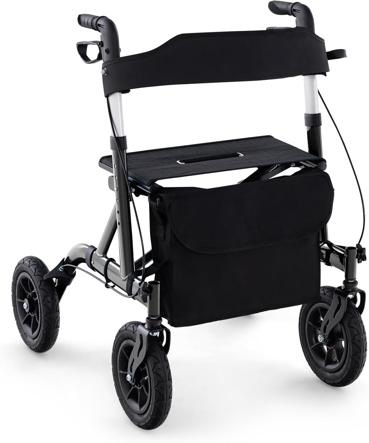 FANTASK Rollator mit Sitz für Senioren, Rollatoren Aluminium 6-fach höhenverstellbar, faltbar und leichtgewicht Laufhilfe mit Luftbereifung, 2 in 1 Rollstuhl & Reiserollator bis 136kg (Schwarz)