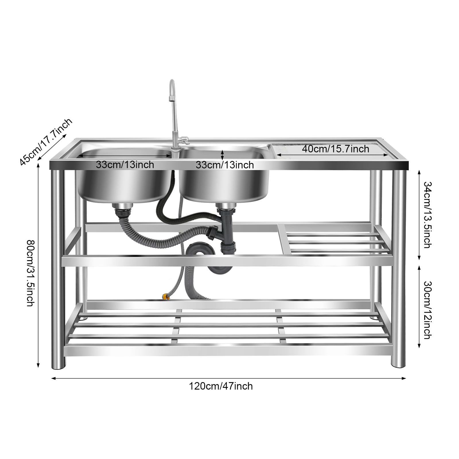 Évier de Cuisine Autonome en Acier Inoxydable avec 2 Bacs et Robinet à 360 °, 3 Niveaux, Capacité de Charge de 100 kg, Pour Restaurant, Camping, Extérieur - 120 x 45 x 80 cm