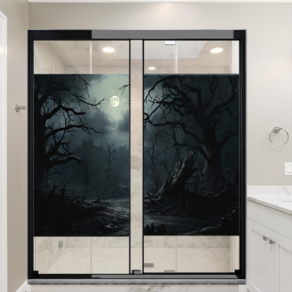 Vintage Horror Forest Window Film Heat Blocking Dark Night Landscape Moon Woods Rustic Privacy Window Decor Glass Door Covering Non-Adhesive Window Film for Bathroom 90 x 140 cm x2 Pcs