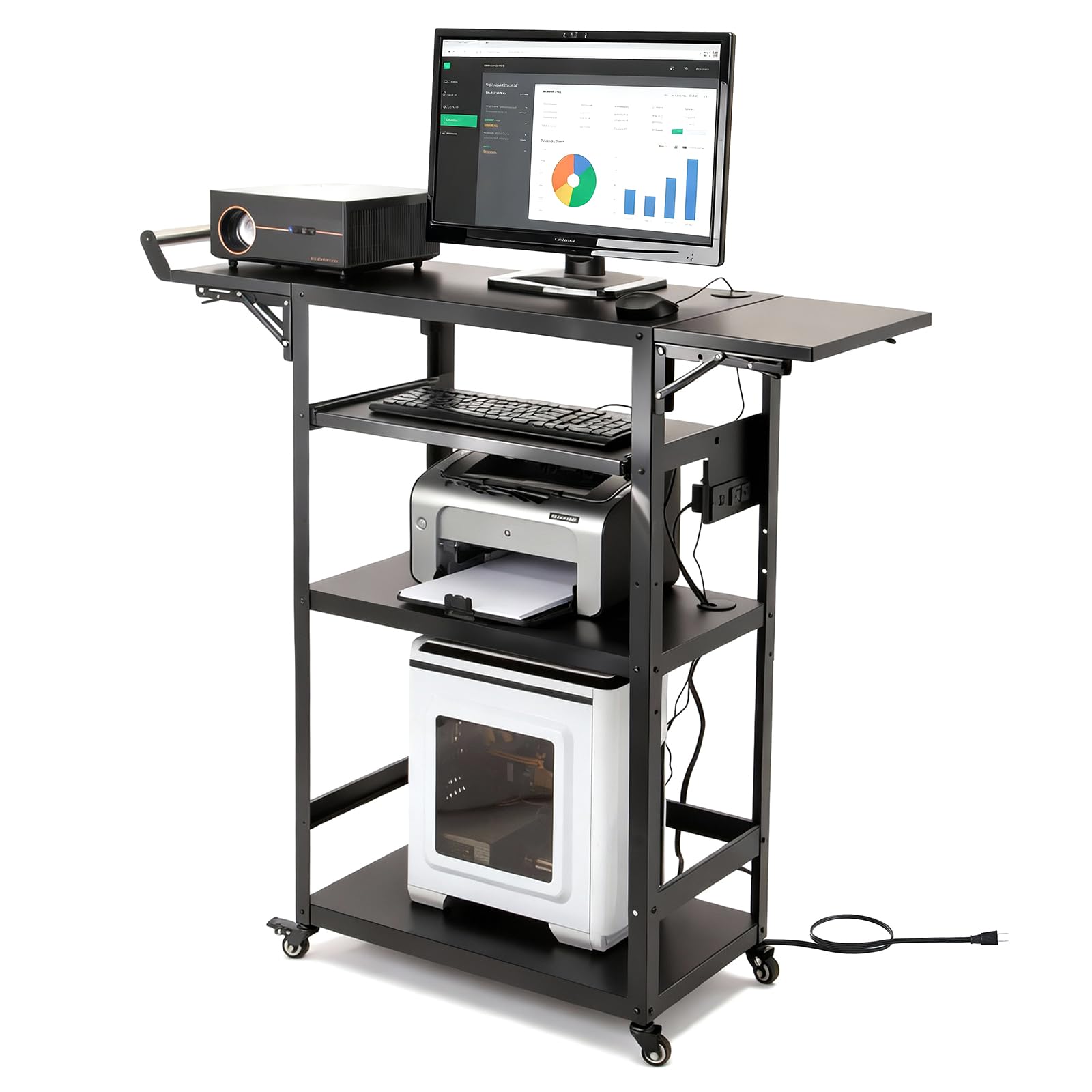 All-Steel AV Cart with Wheels and Power, Height Adjustable Media Workstation with Drop-Leaf Shelves for Projectors, Laptops & Printers, Heavy Duty Presentation Cart with Pull-Out Keyboard Tray