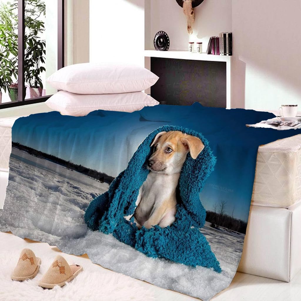 Coperta Di Flanella Letto Matrimoniale Invernale 150X180Cm Coperta Pile In Microfibra Morbida Pelosa Calda Copriletto Per Divano/Bambini Camere Da Letto, Coperta In Peluche Blu Per Cani Animali Mo