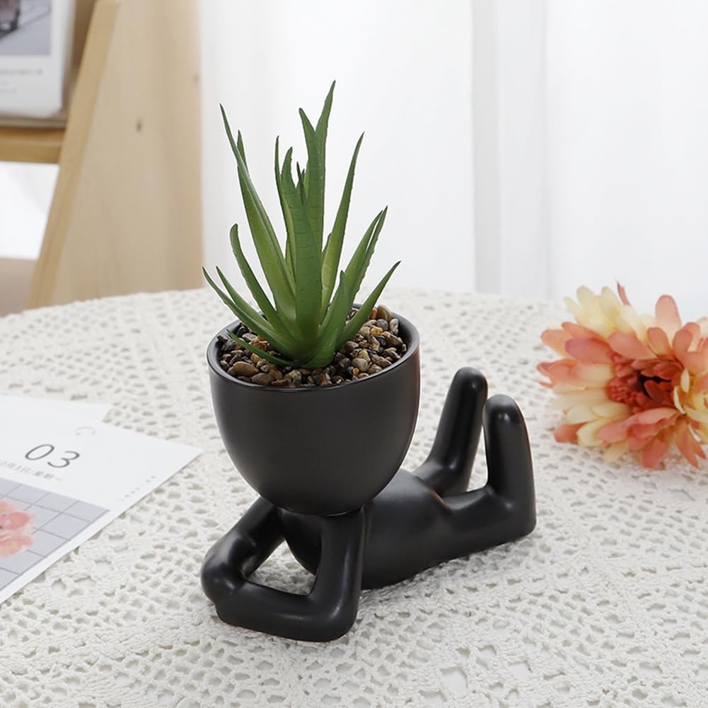 Lot de 4 plantes succulentes artificielles noires, pots créatifs en forme de personne, petits pots décoratifs artisanaux