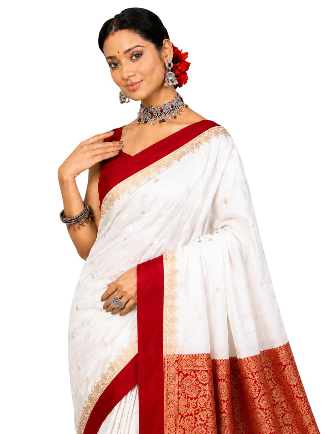 Banarasi Satin Saree Floral Motifs Embroidery Silver Zari Work-picture-15