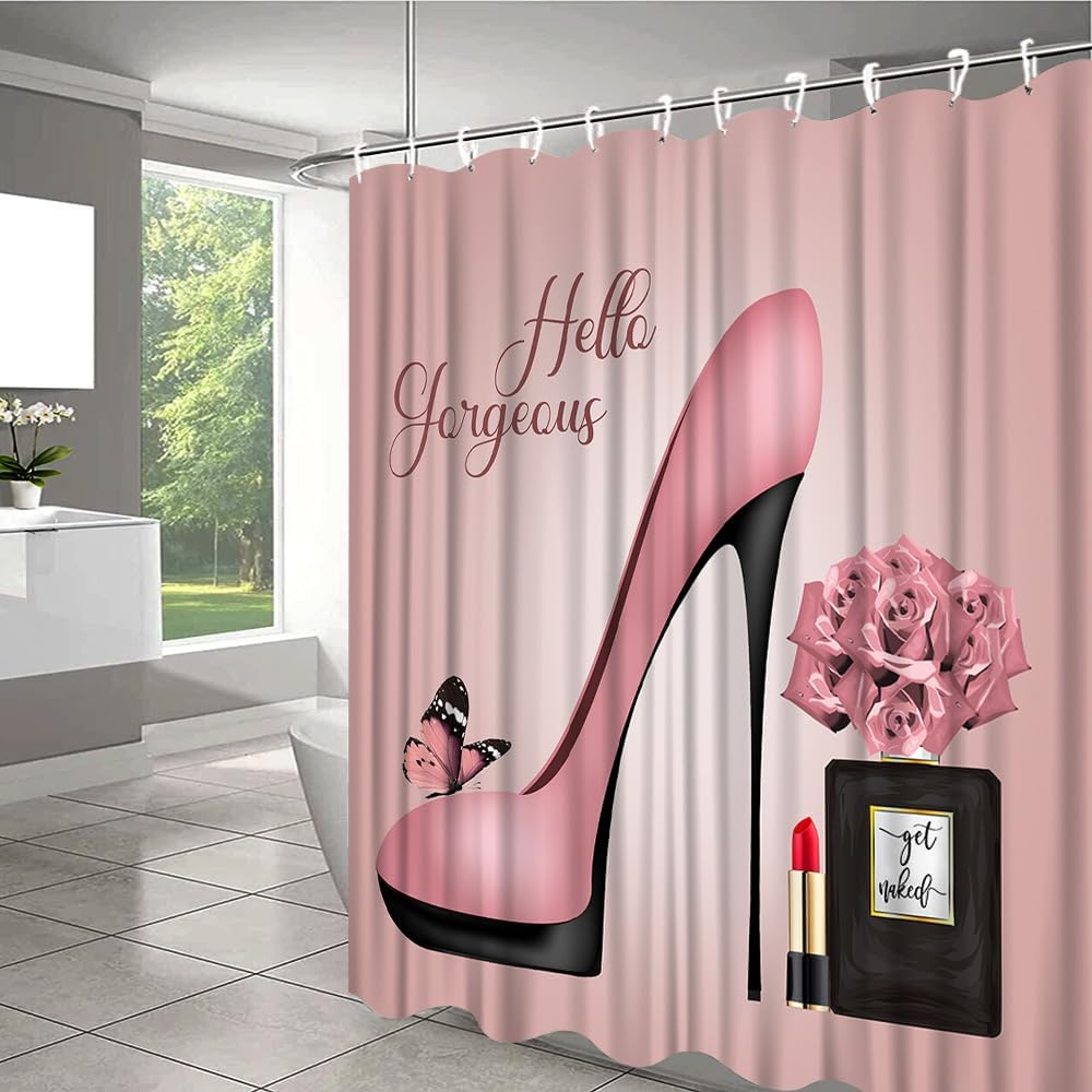 Flower Butterfly Shower Curtain Fashion Girl Hello Gorgeous Perfume Bottle Lipstick Red Rose Floral Valentine's Day Romantic Lover Woman Bathroom Accessories Set Polyester with Hook 108Wx70H in