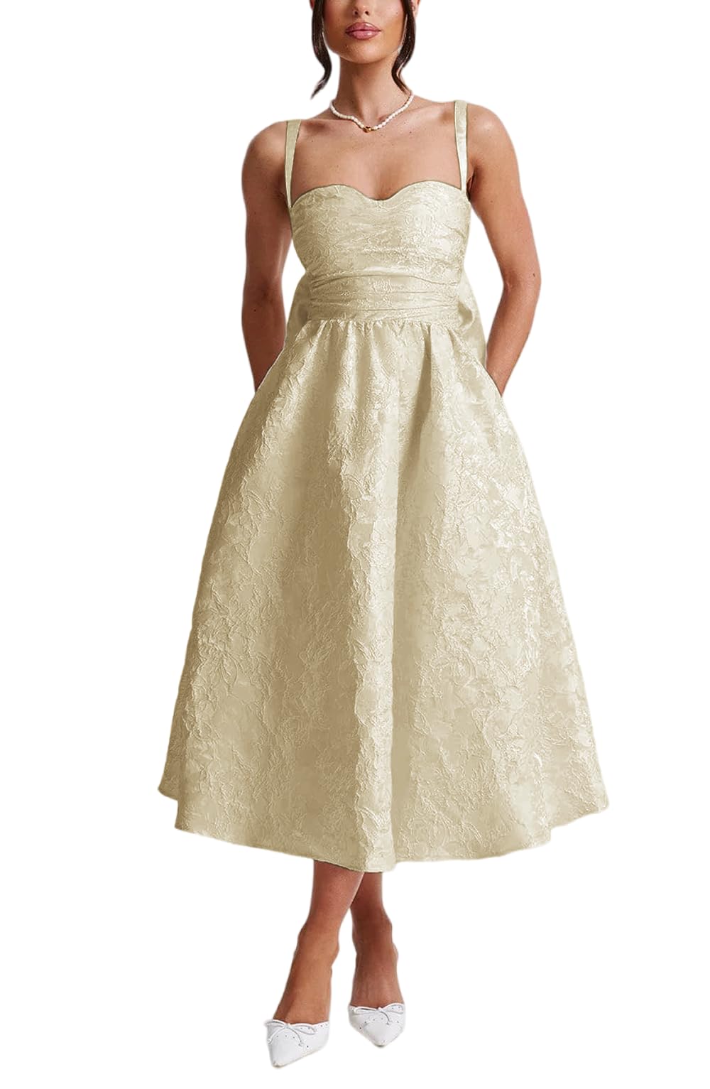 Cudiew Satin Jacquard Prom Dress Bow on Back Tea Length Corset Formal Cocktail Party Gowns