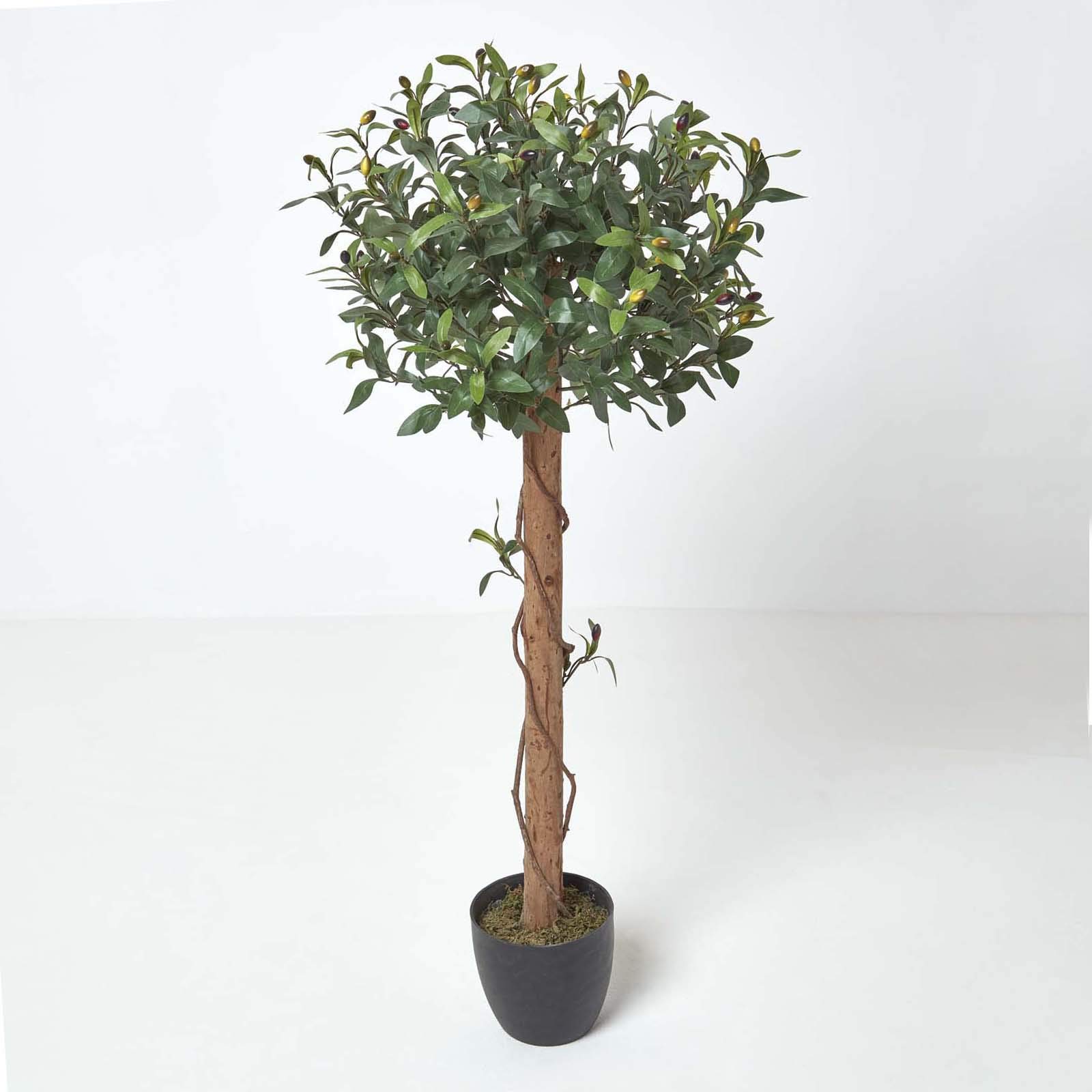 HOMESCAPES Artificial Olive Tree in Black Pot Measuring 4 ft (122 cm) Tall Faux Olive Plant for Indoors with Real Wood Stem