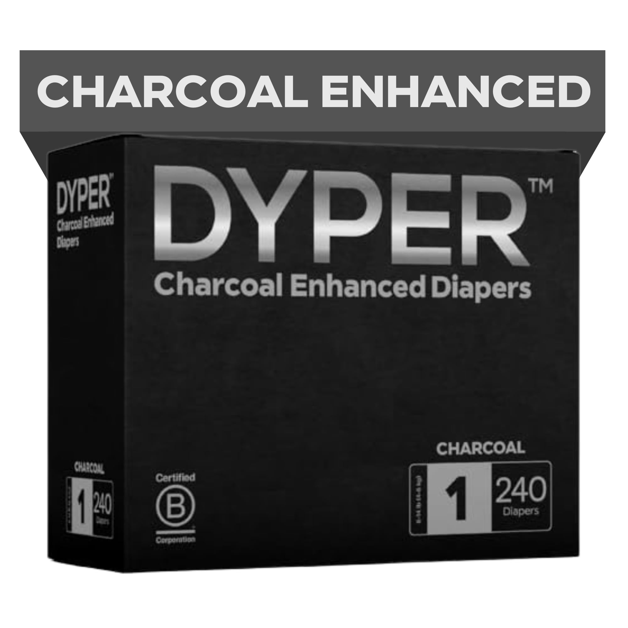 DYPER - Charcoal Enhanced Day & Overnight Disposable Baby Diapers - Made with Plant-Based* & Honest Ingredients, Hypoallergenic for Sensitive Skin - Size 1, (240 Count)