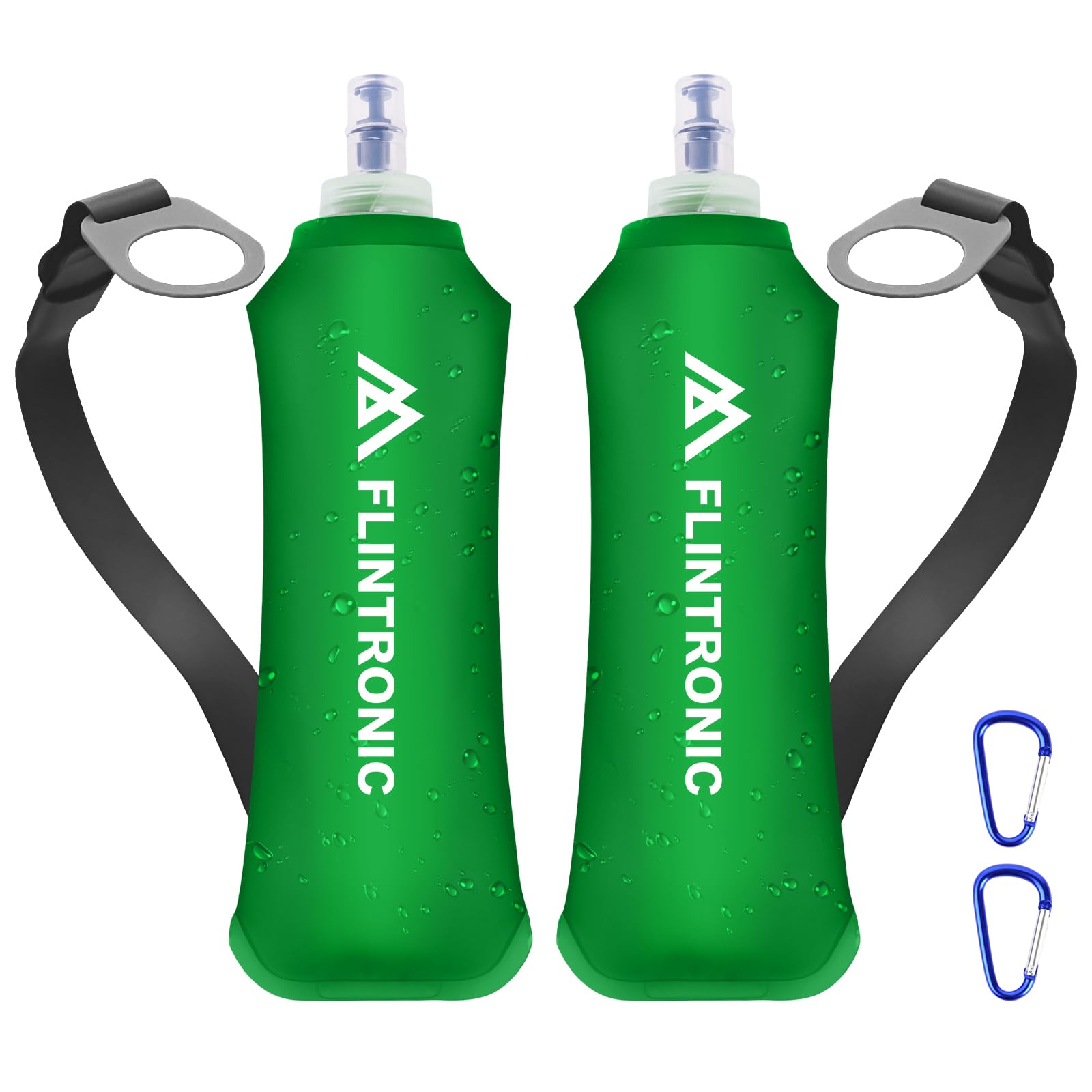 flintronic 2 Pcs Soft Flask, 250 ml/8.5oz TPU Foldable Running Water Bottle, Handheld Drinking Flask with Wrist Strap and Carabiner Clips, BPA-Free, BPA-Free, for Running, Cycling, Hiking, Green
