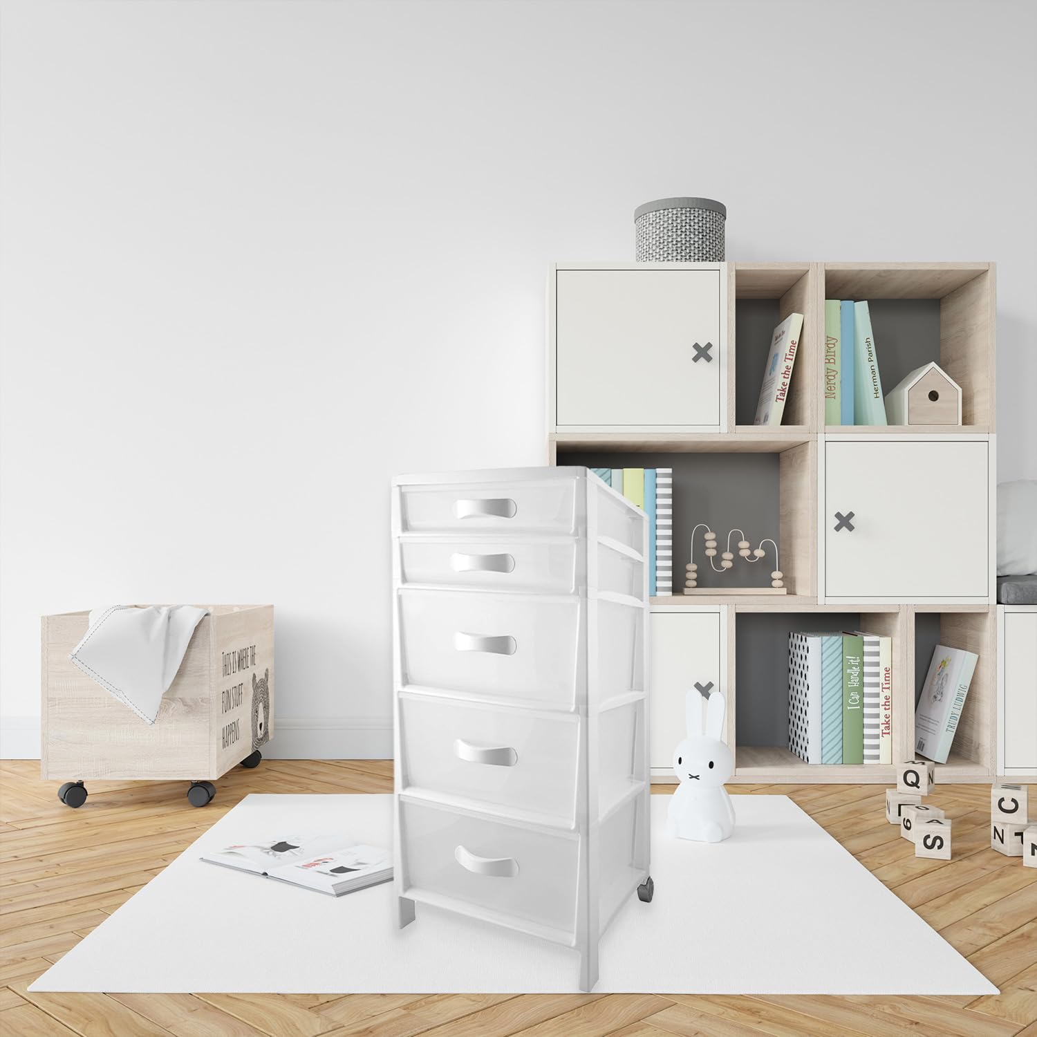 Organizzatore Multifunzione con 5 Cassetti Bianca, Ideale per Camera, Cucina, Bagno e Ufficio - Mobiletto con Cassetti Trasparenti 39.5x38x82cm