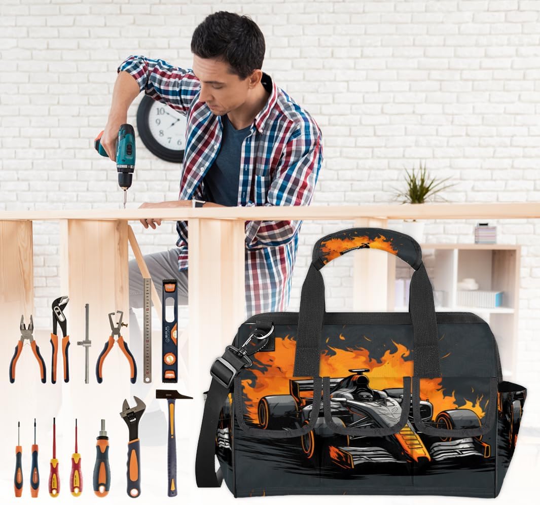 Vintage Sports Car Tool Bag for Men and Women Waterproof Wide Mouth Tool Tote Multi Pockets Small Storage Organizer for Carpenter, Electrician, Builder