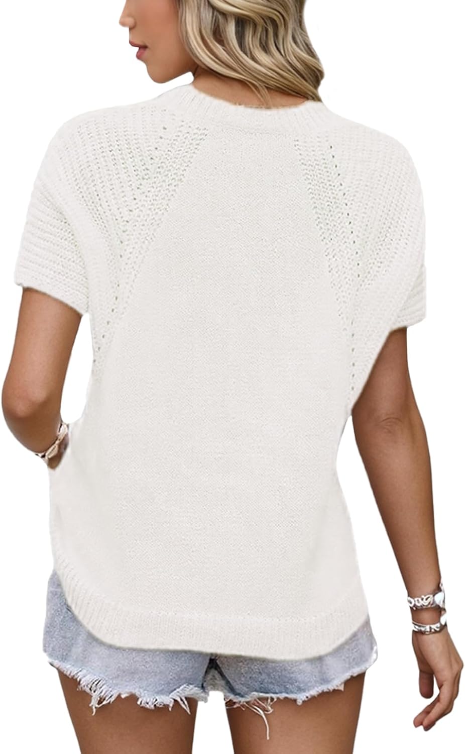Women's Short Sleeve Top Crew Neck Pullover Trendy Casual Knit Sweater Lightweight Crochet Tops - Image 3