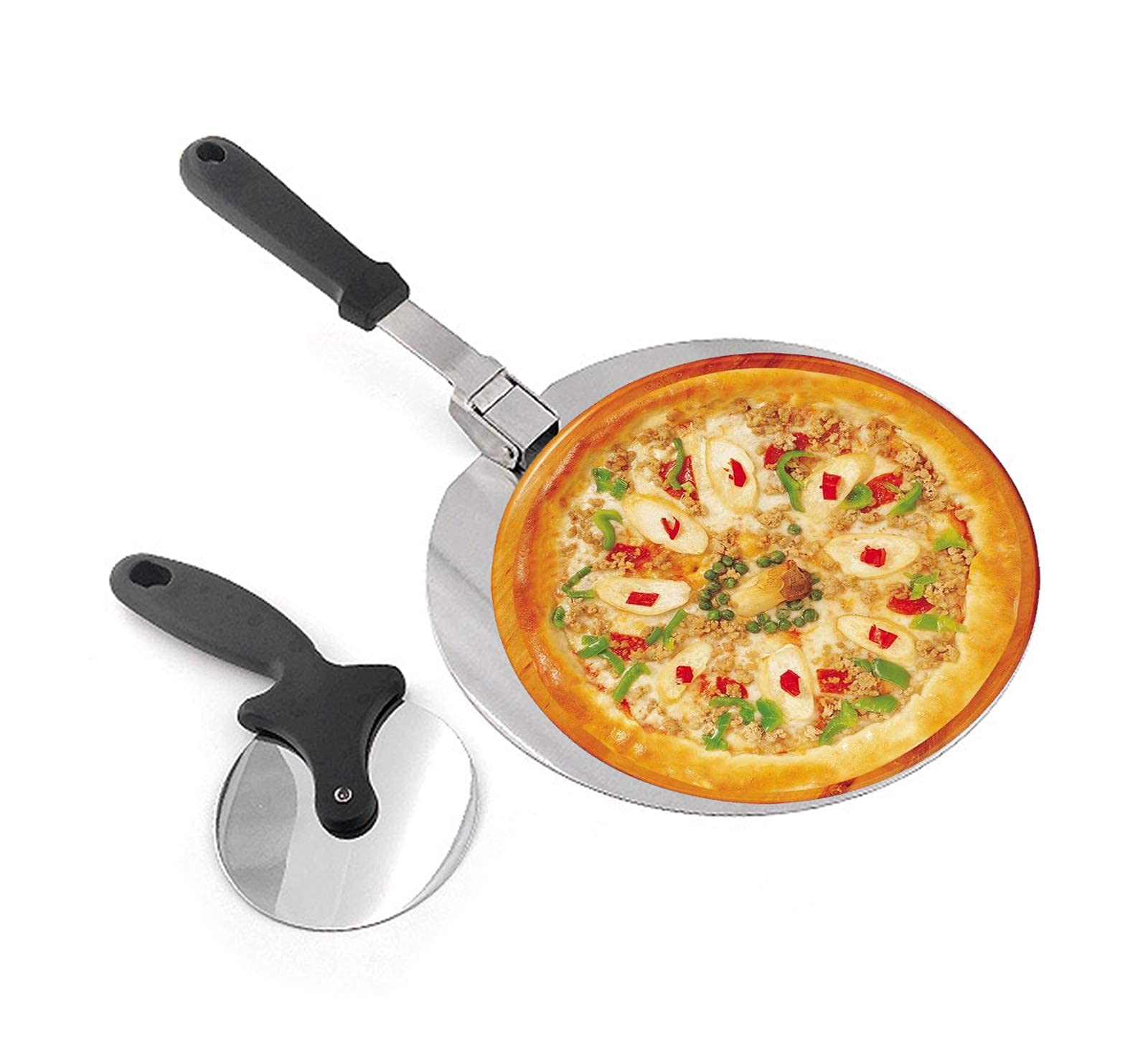 Juego De Cáscaras De Pizza Pala De Pizza De Acero Inoxidable + Juego De Paleta De Pizza Cortador De Pizza Con Mango Antideslizante Plegable Para Hornear Pizza-12 Inches