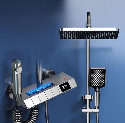 ZeeCry Shower Panel with Led Display Finish Matte Greycolor / 4 in 1 Wall Mixer Single Lever Shower Panel Rain Fall Heavy Brass Waterfall Bathroom Shower panel System,