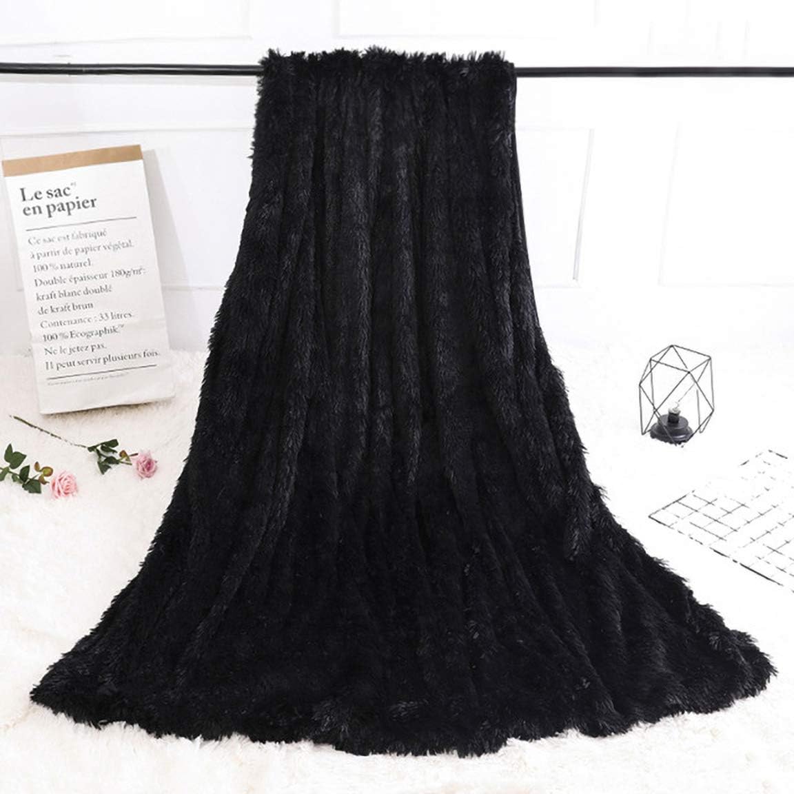 Noahas Shaggy Longfur Throw Blanket with Sherpa Warm Underside, Super Soft Cozy Large Plush Fuzzy Faux Fur Blanket, Lightweight and Washable Kids Girls Room Decorative Blanket, 50''x60'', Black