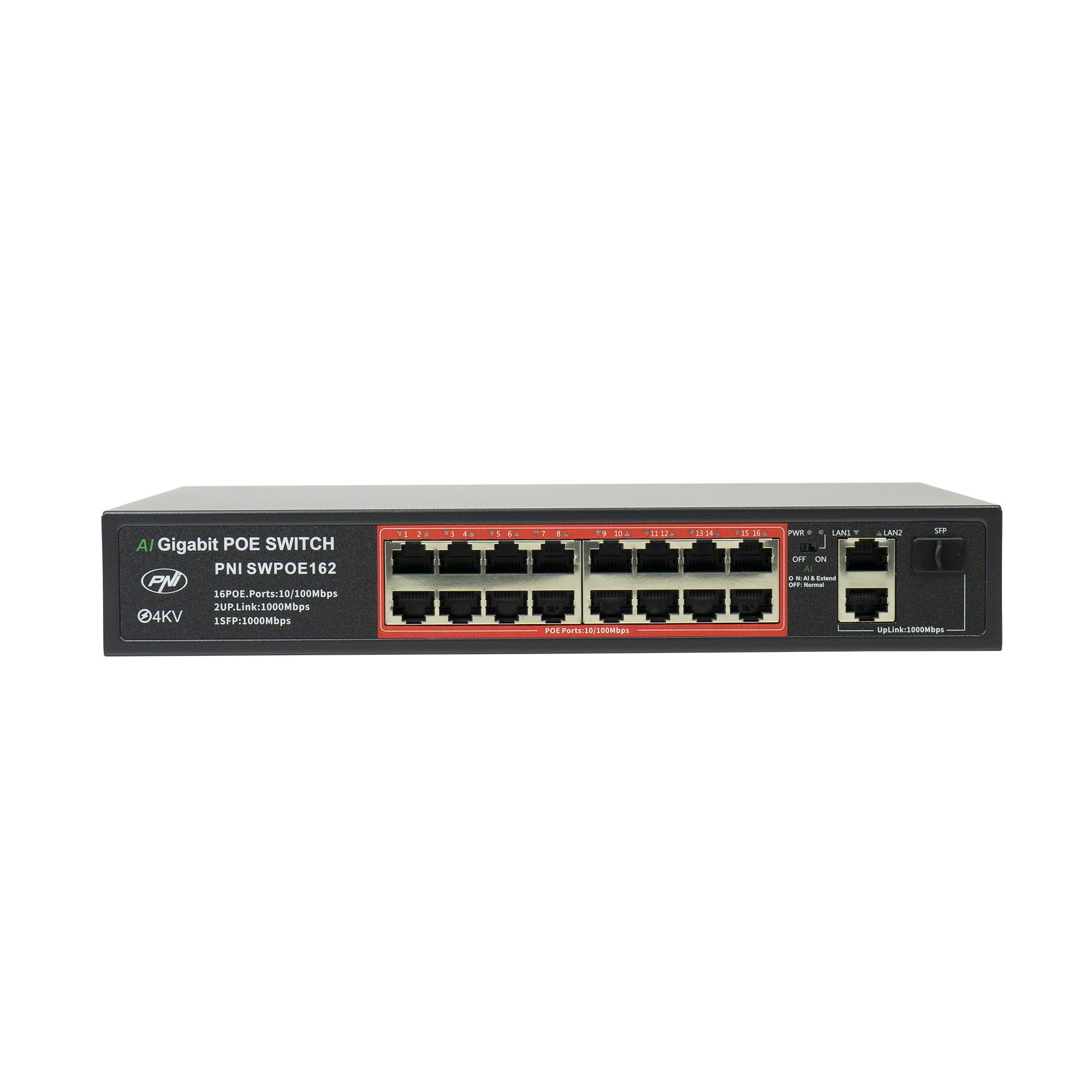 Conmutador PoE PNI SWPOE162, 16 Puertos PoE de 100 Mbps, 2 Puertos UP Link de 1000 Mbps, 1 Puerto SFP de 1000 Mbps, 240 W, función AI Extend hasta 250 m, protección contra Rayos de 4 kV