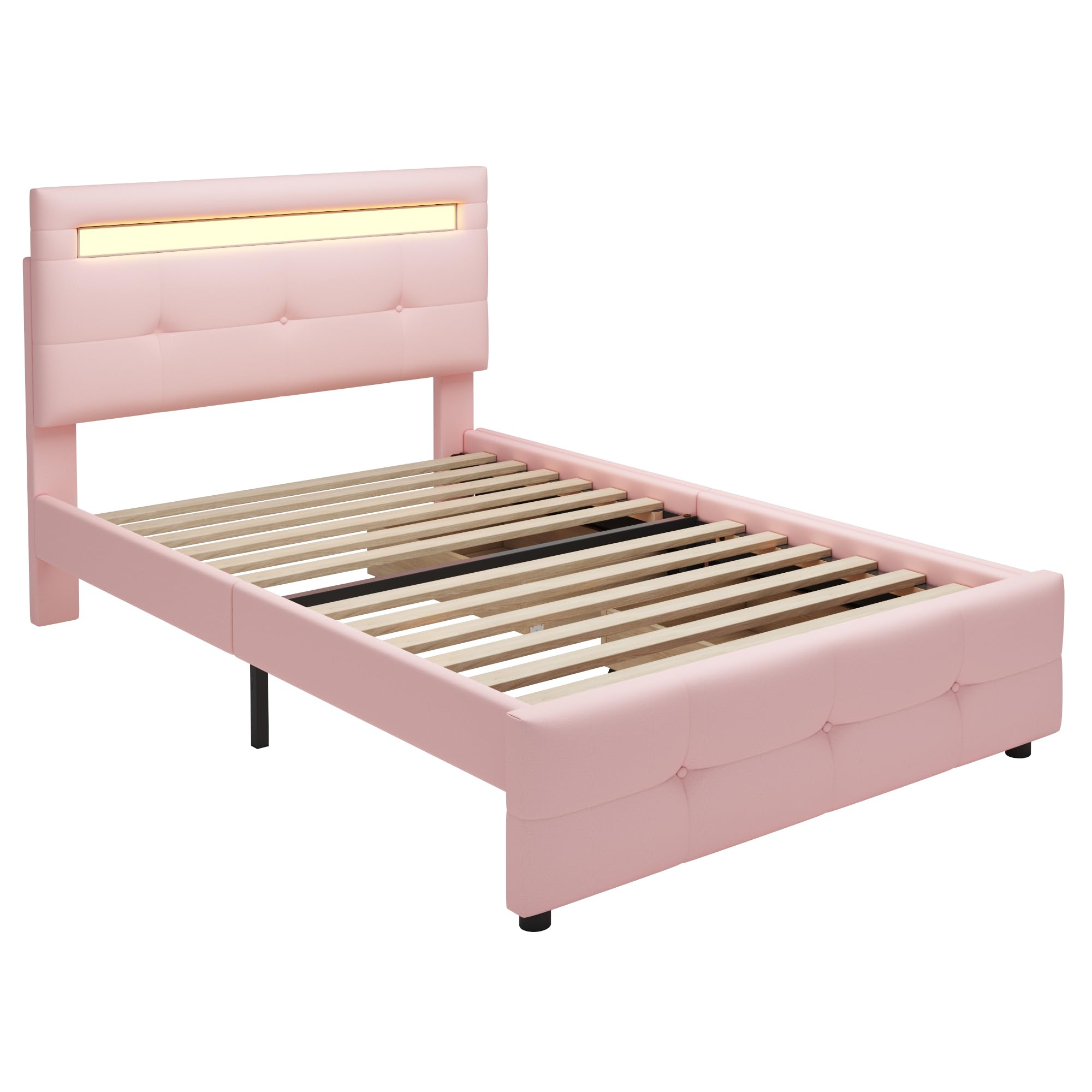 Idemon Letto imbottito 90 x 200 cm con luci a LED, 2 cassetti, imbottitura in lino delicata sulla pelle, letto singolo, letto per ragazzi (rosa)