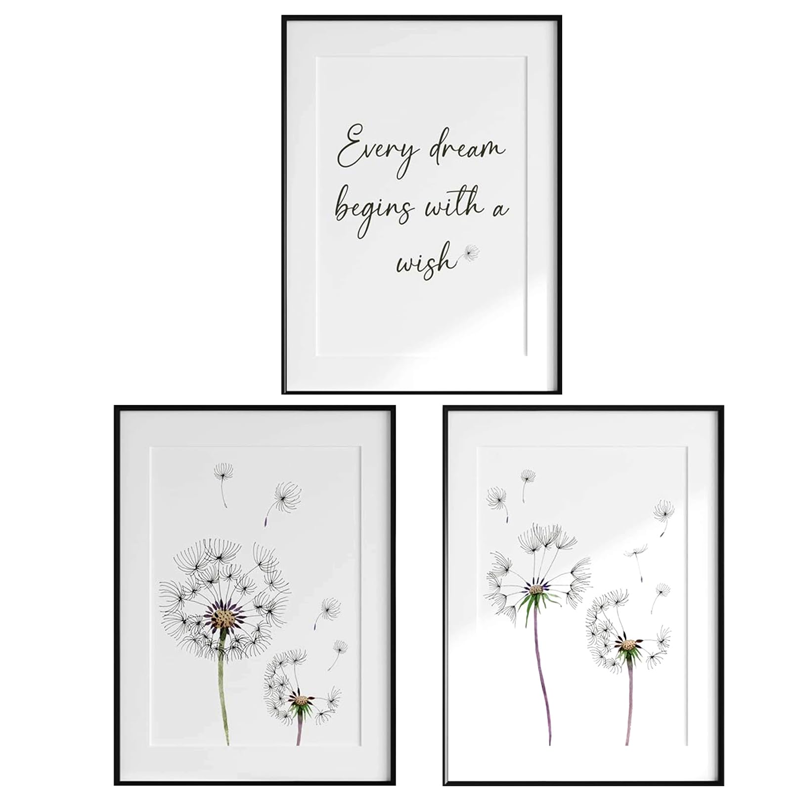 GRVICH 3-Pack Dandelion Prints Quote Wall Art Set, Watercolour Flower Plant Posters, Dandelion Canvas Prints Unframed, for Kitchen Wall Art Posters Hallway Decor Art Prints (Dandelion, A4 Print Only)