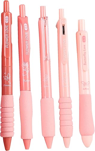 5 bolígrafos retráctiles rosados, bonitos bolígrafos estéticos de gel, tinta de agarre suave, con punta fina lisa de 0.020 in, suministros escolares