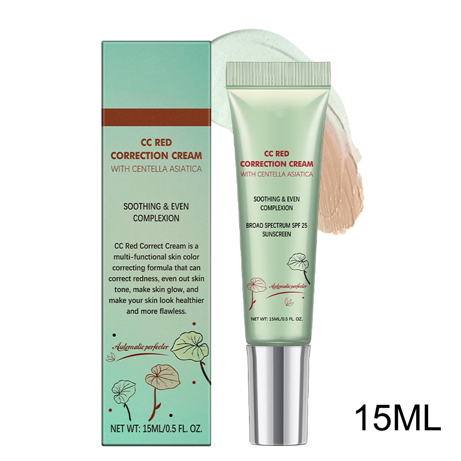 CC Cream Red Correct, Krem przeciw zaczerwienieniom CC z Asiatica, Full Cover Concealer z efektem uspokajającym, kolorowym kremem korygującym dla naturalnie jednolitej ochrony, nawilżający i SPF