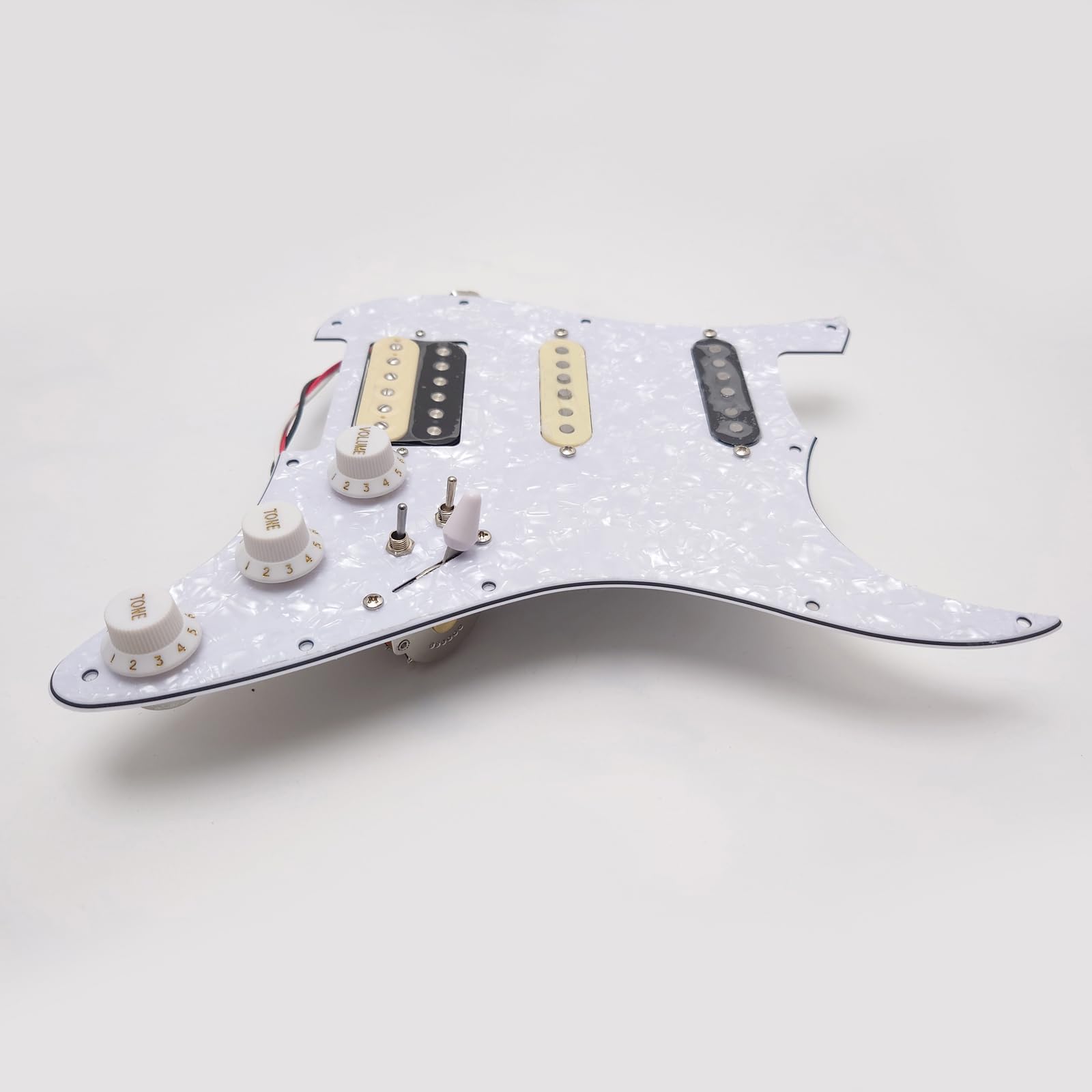 SSH Guitar Prewired Loaded Strar Pickguard with Alnico 5 Humbucker Pickups, Coil Splitting, 3-lagig Pick Guard for USA/Mexico Fender Stratocaster Electric Guitar Replacement Parts (White Pearl-A)
