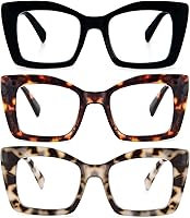 REAVEE Oversized Square Reading Glasses for Women - Oprah Style Blue Light Blocking, Large Frame Computer Readers with Spring Hinge, 3 Pack