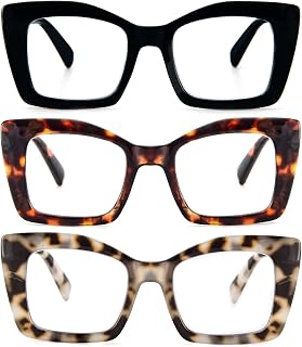 REAVEE Oversized Square Reading Glasses for Women - Oprah Style Blue Light Blocking, Large Frame Computer Readers with Spring Hinge, 3 Pack