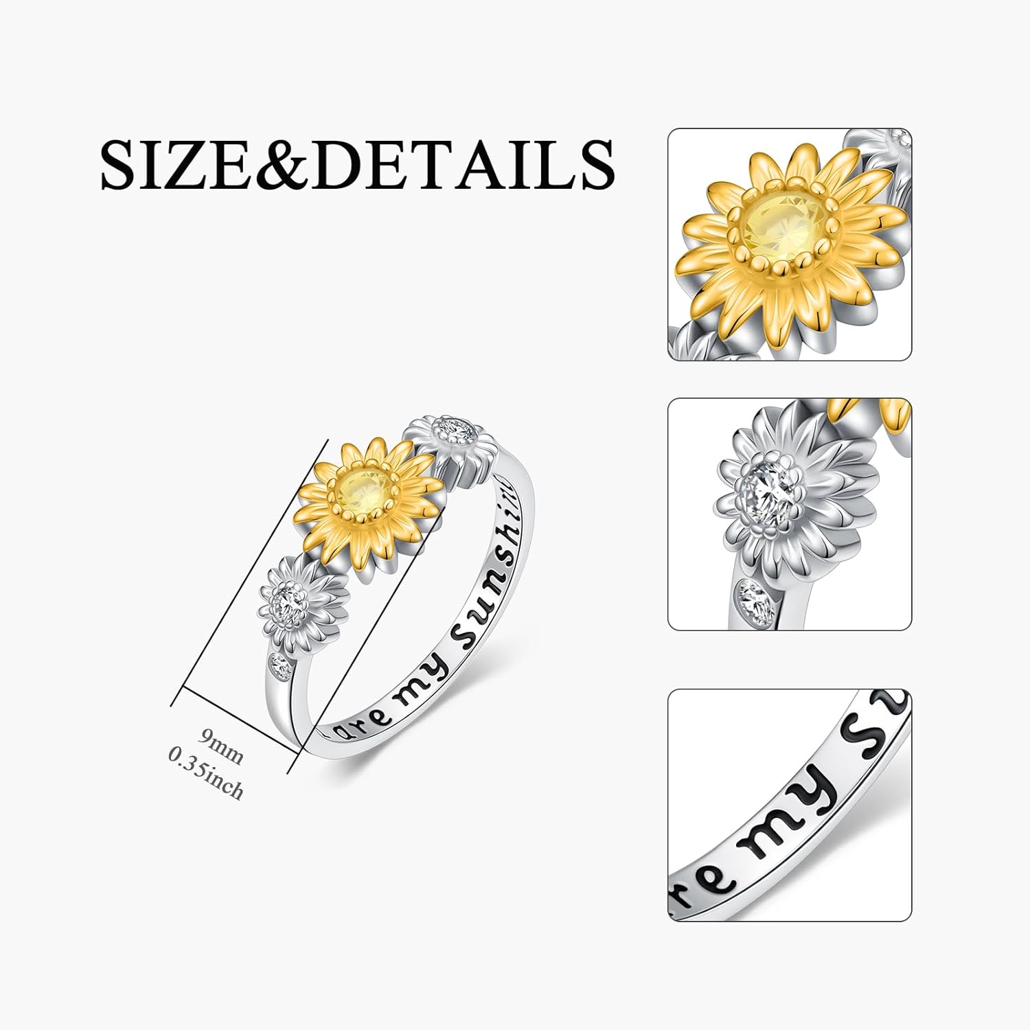 Lab Grown Diamond Sunflower Rings for Women,18K Gold Plated 925 Sterling Silver Three Sunflower Stacking Statement Band Jewelry Gifts for Graduation Birthday | You are My Sunshine - Image 6