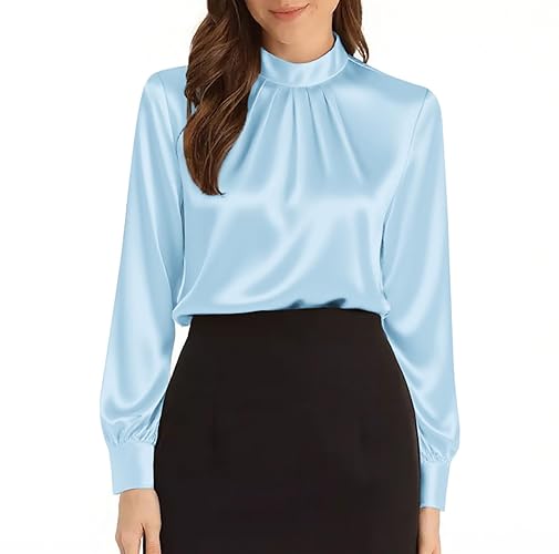 Women's Long Sleeve Satin Blouse (Light Blue)