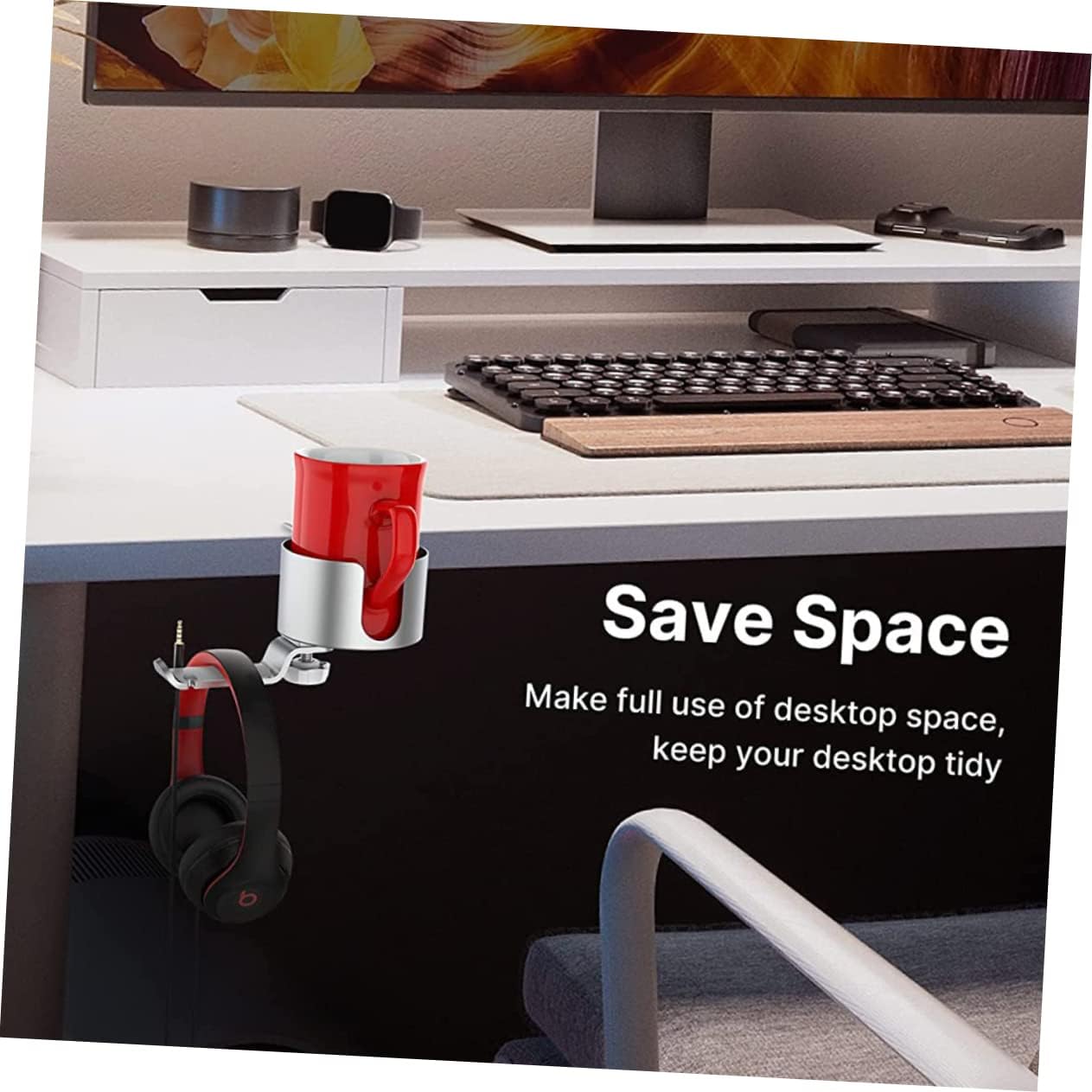Aluminum Alloy Desk Cup Holder with Rotatable Headset Hanger, Silver