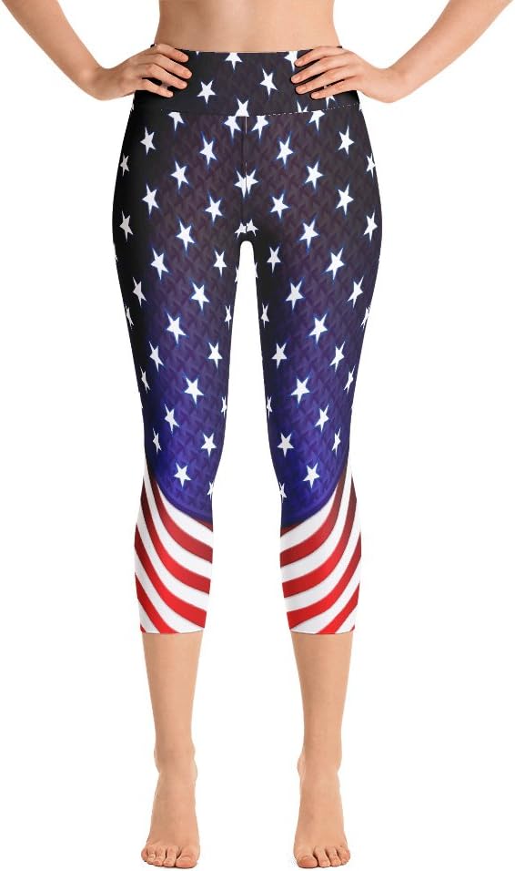 Yoga Capri Leggings Women 4th of July USA Flag Leggings Waist High, Made in USA