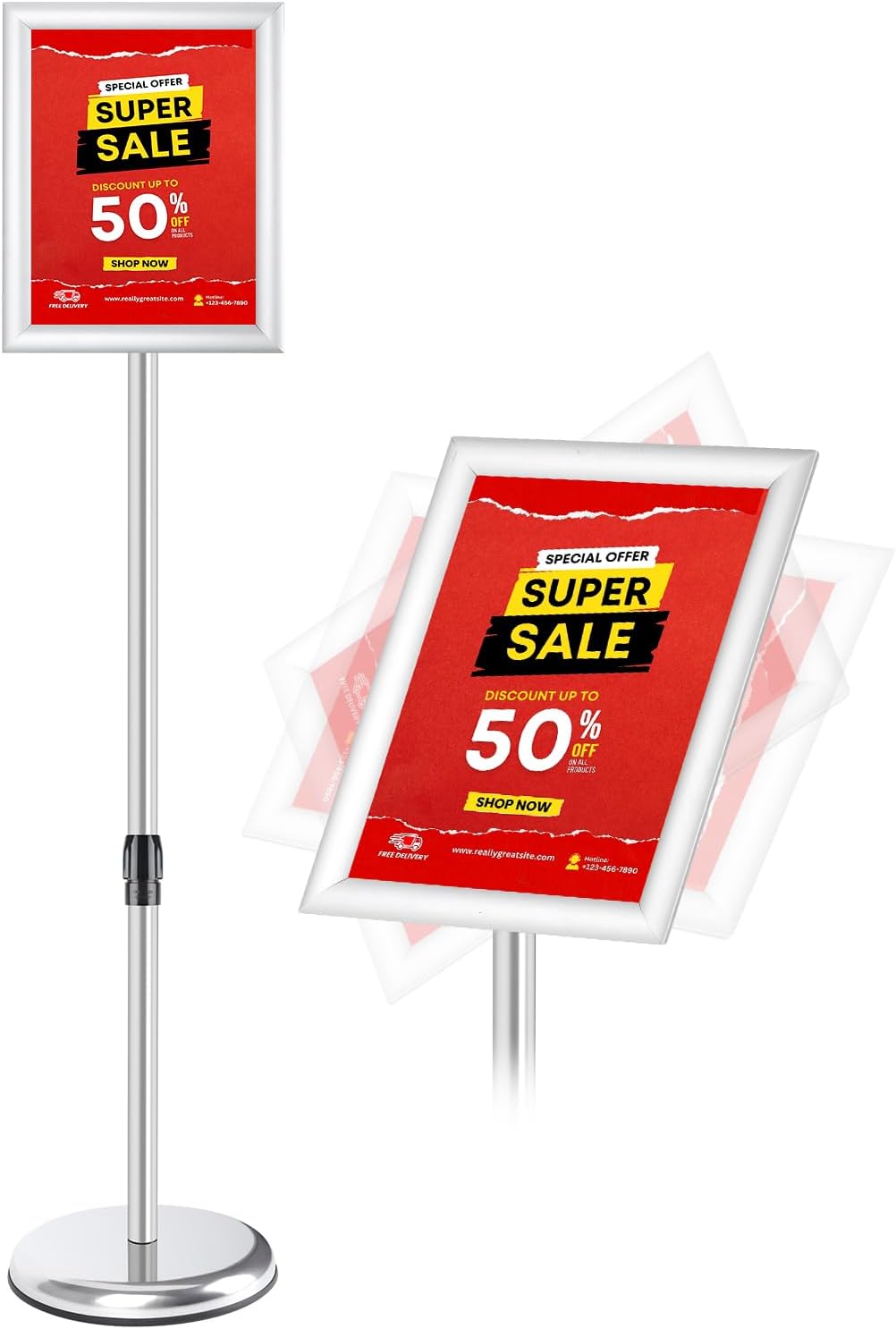 Adjustable Sign Holder Stand for 8.5x11 Inch Poster, Floor Standing Sign Holder With Snap-Open Aluminum Frame 360° Rotating Display Outdoor Indoor Signage Stand for Advertising (Silver, Sharp Corner) Silver, Sharp Corner 8.5 x 11 Inch, 1 Pack