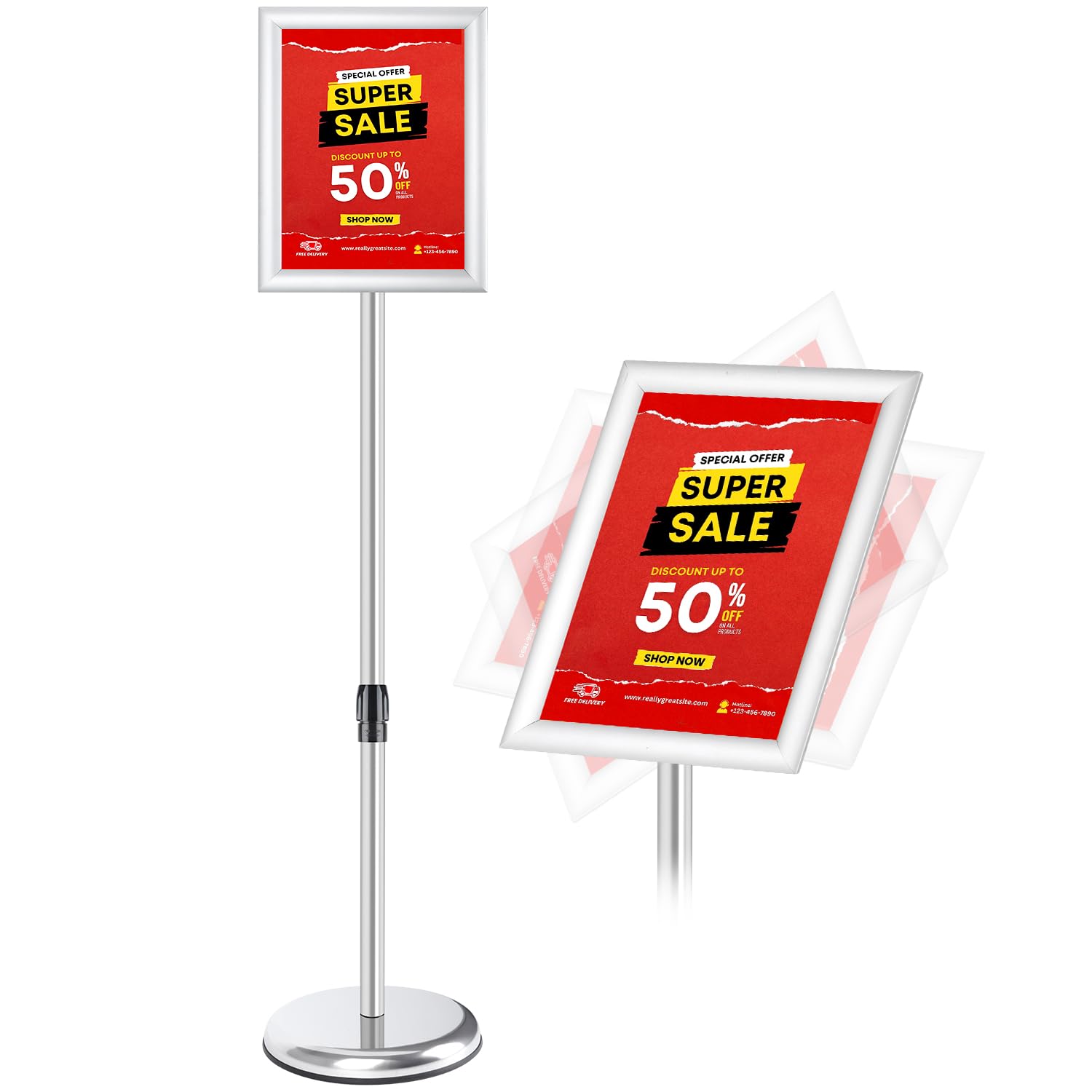 RedChili Adjustable Sign Holder Stand for 8.5x11 Inch Poster, Floor Standing Sign Holder With Snap-Open Aluminum Frame 360° Rotating Display Outdoor