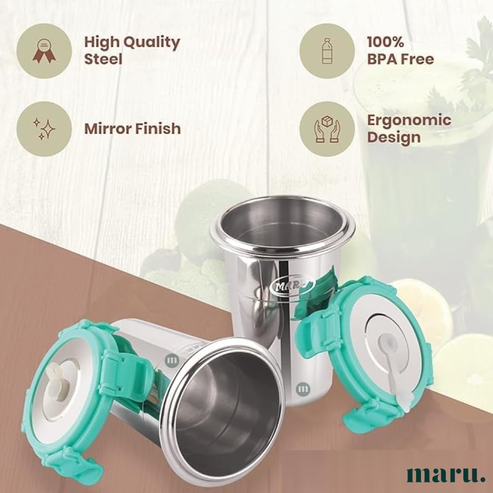 MARU Stainless Steel Tumbler 400ml – Durable, Leakproof & Portable Sippy Cups with Lids, Reusable Straws & Cleaning Brush – Steel Glass Tumbler Ideal for Travel, Office & Home (Green Set of 2) 4