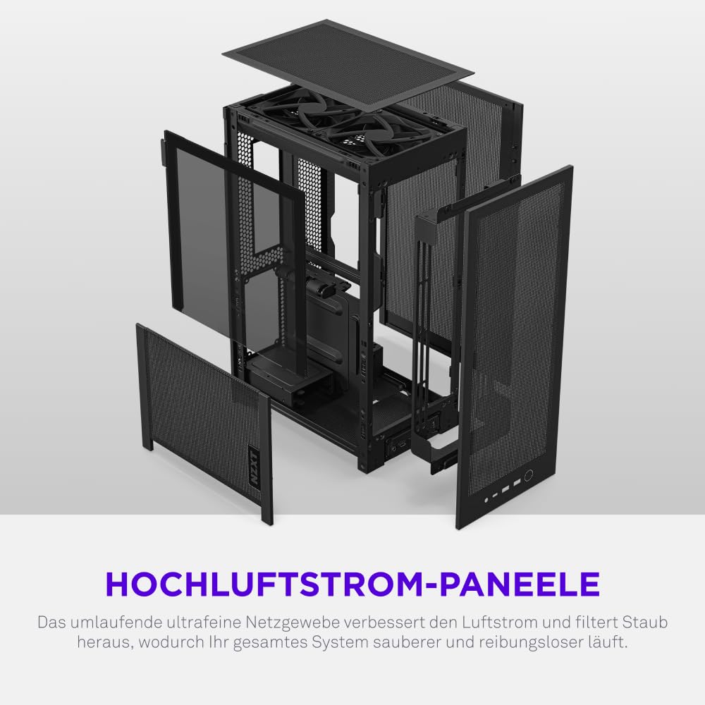 NZXT H2 Flow – Mini-ITX 20,7L High-Airflow PC-Gehäuse – Inkl. 2 x 120-mm-Lüfter Oben & PCIe 5.0-Riser Cable– 331-mm-Grafikkarte – 280-mm-Radiator – Schwarz