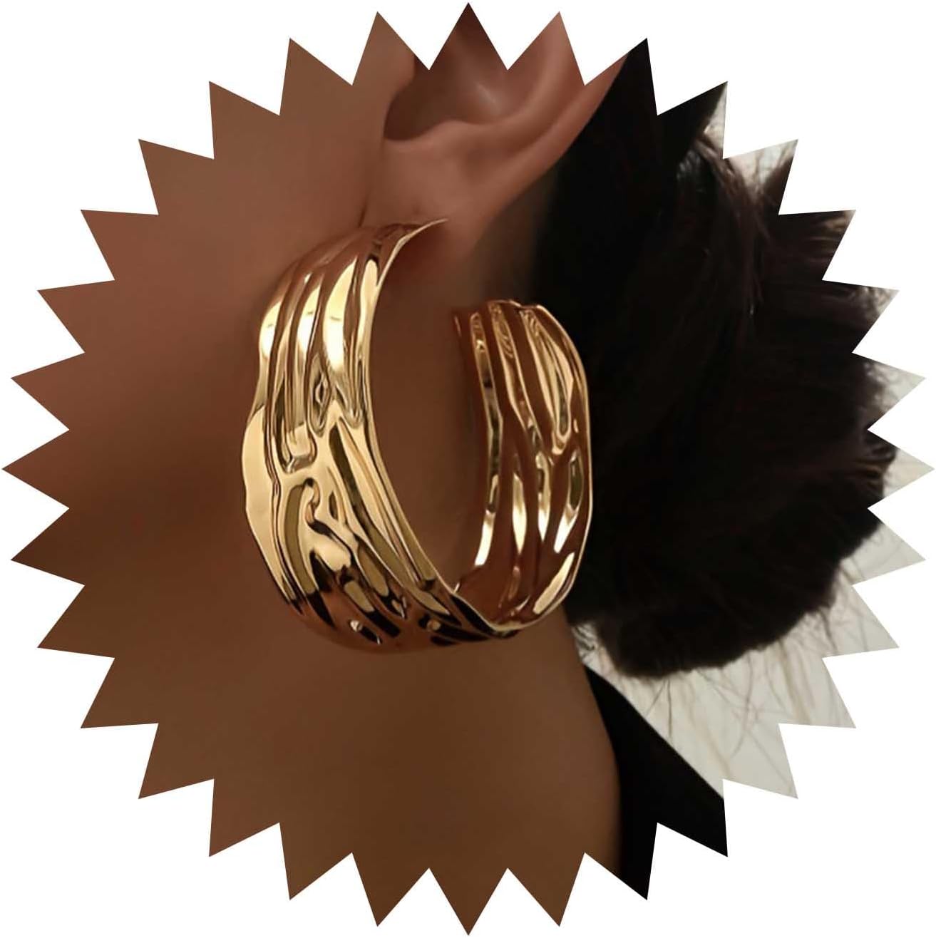 Boho Wide Hoop Stud Earrings Gold C Shape Earrings Hammered Circle Stud Earrings Chunky Creole Earrings Large Huggie Hoop Earrings Jewelry for Women