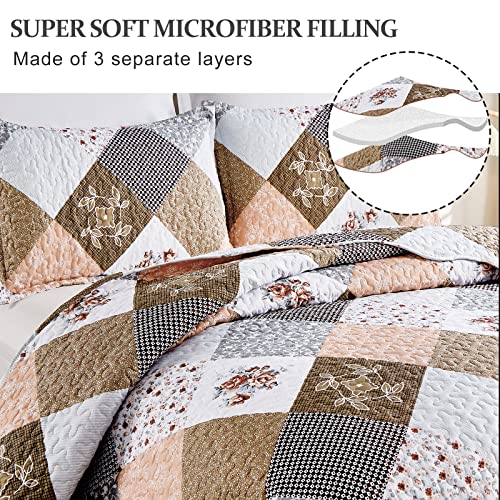 Dinjoy Floral Plaid Patchwork Quilt Set King Size, Reversible Brown Bedding Set Soft Microfiber Lightweight Bedspread Coverlet 3 Piece Spring Summer Use (104X90 Inches) #TOP2