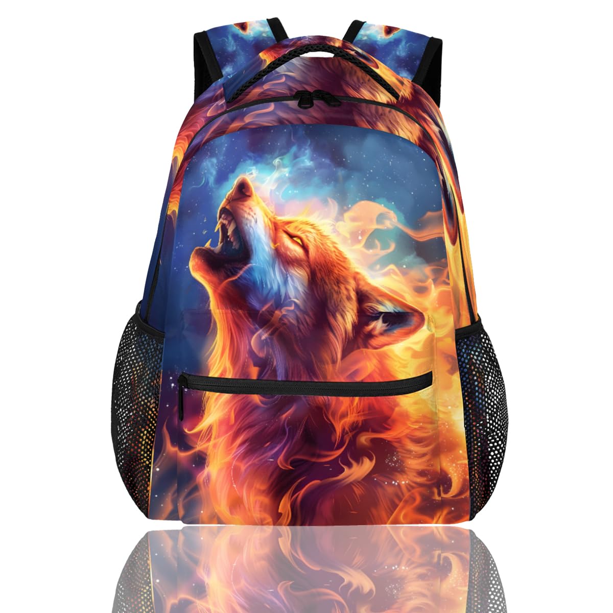 cfpolar Wolf Backpack for School, Burning Flame Wolf Galaxy Space Laptop Backpack Water Resistant Bookbag Computer Bag Travel Hiking Camping Rucksack
