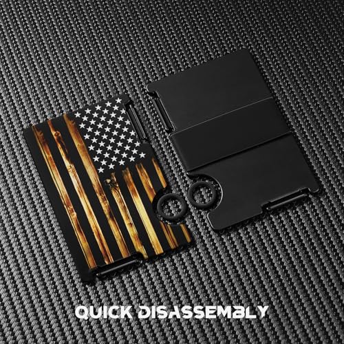 Minimalist Metal Wallet for Men, Ultra-Thin Aluminum Card Holder with Cash Strap, Personalized Wood American Flag, Slim Front Pocket RFID Blocking Wallet4