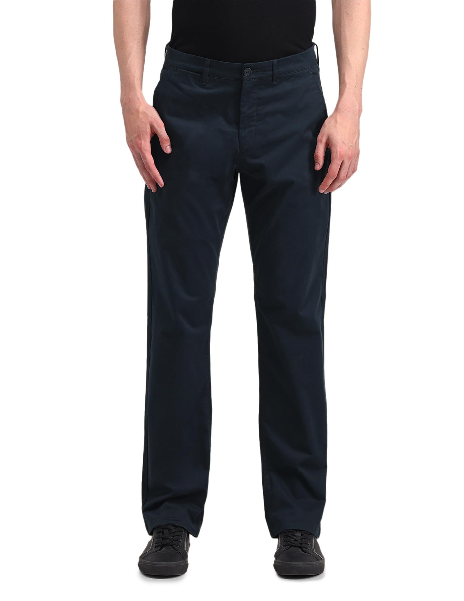 u.s. polo assn. Men's Blue Solid Mid Rise Cotton Button Regular Fit Trousers-picture-24