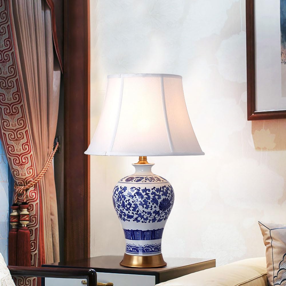 SGKOMN 25.6" Ceramic/Chinoiserie Floral Table Lamp Classic Cottage Bedside Desk Nightstand Lamp For Bedroom Living Room Office College Bookcase, Blue/White