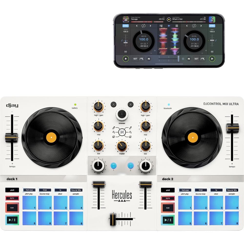 Hercules DJControl Mix Ultra - Controller DJ con custodia protettiva e cuffie Hercules HDP DJ45 con chiusura posteriore
