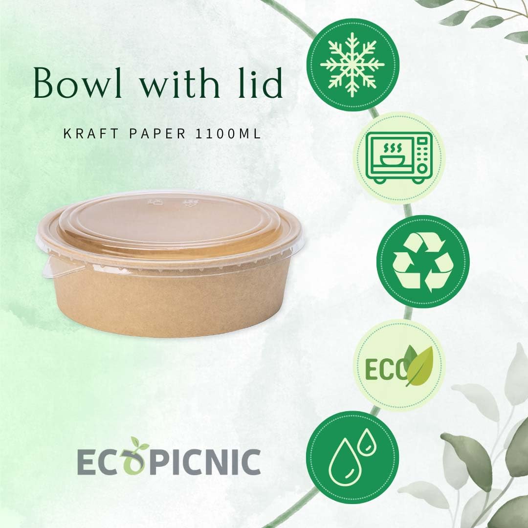 Ensaladeras Redondas de Papel Kraft con Tapa PP 50 unidades 1100 ml | Cuencos desechables de cartón kraft con tapa, ideales para ensaladas, sopas, aperitivos y alimentos para llevar