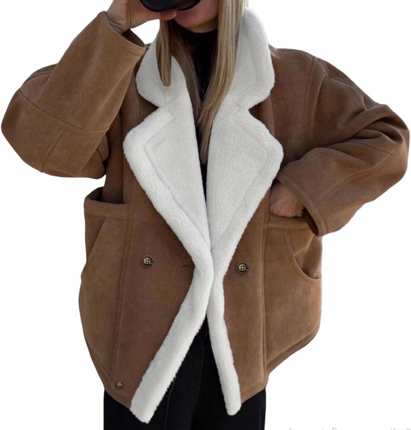 Women's Winter Warm Outerwear Faux Suede Fleece Sherpa Lined Jacket Coats Button Down Thick Oversized Trendy Jackets