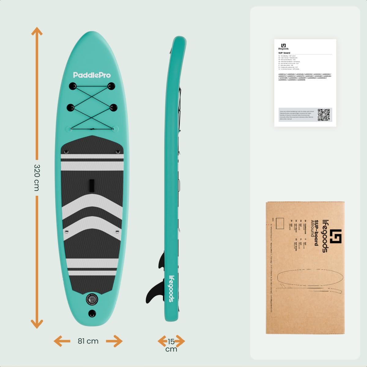 LifeGoods SUP Gonfiabile Adulti con Sedile - Stand Up Paddle - SUP Mare - Tavola Paddle Board Completa - Pagaia Regolabile - Pompa Inclusa - Max. 150KG - 320x81x15cm