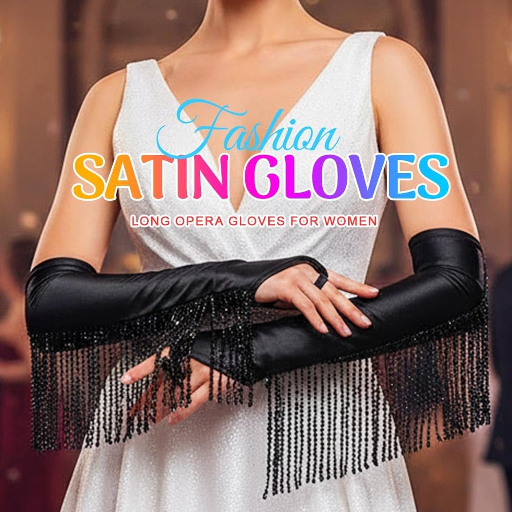 CASDRE Long Fingerless Satin Gloves Sequin Tassel 1920s Opera Gloves Elbow Length Halloween Cosplay Glove for Women and Girls - Image 2