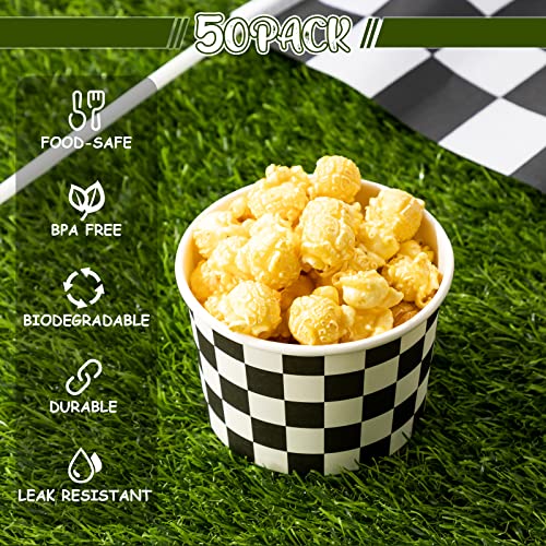 Image of Zopeal 50 Count Black and White Checkered Ice Cream Cups 9 oz Race Car | Disposable Dessert Bowls, Paper Ice Cream Bowls, Birthday Party Supplies, Snack Cups Sundae Picnic Yogurt Bowls for Food